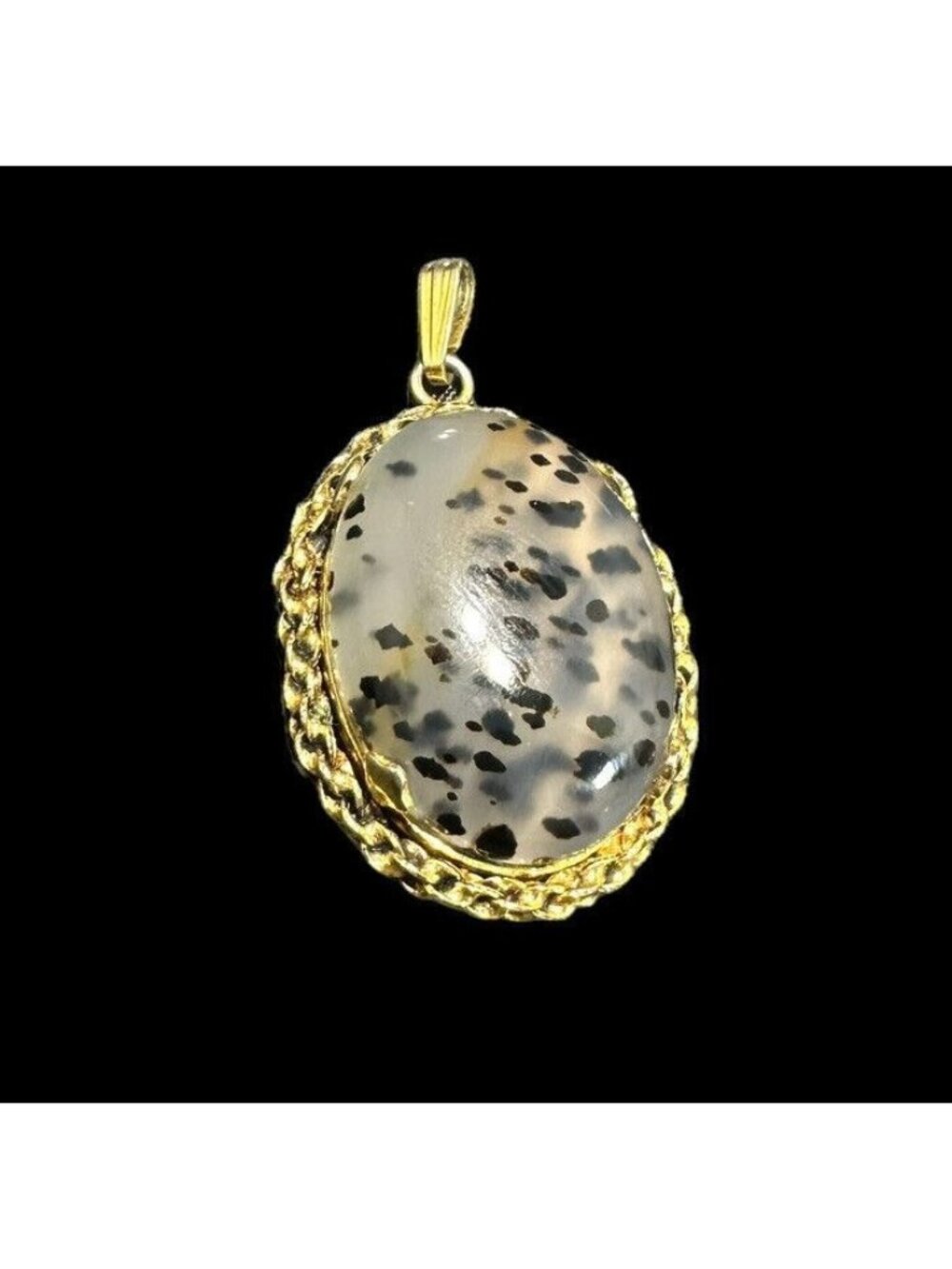 Pendant 12k Gold Filled Dendritic Agate Speckled Translucent Oval Dangle